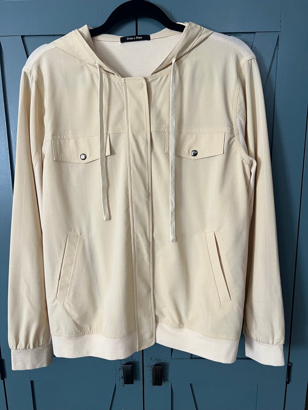NWOT L Doe & Rae Cream Corduroy Mixed Media Zip Snap Utility Hooded Jacket